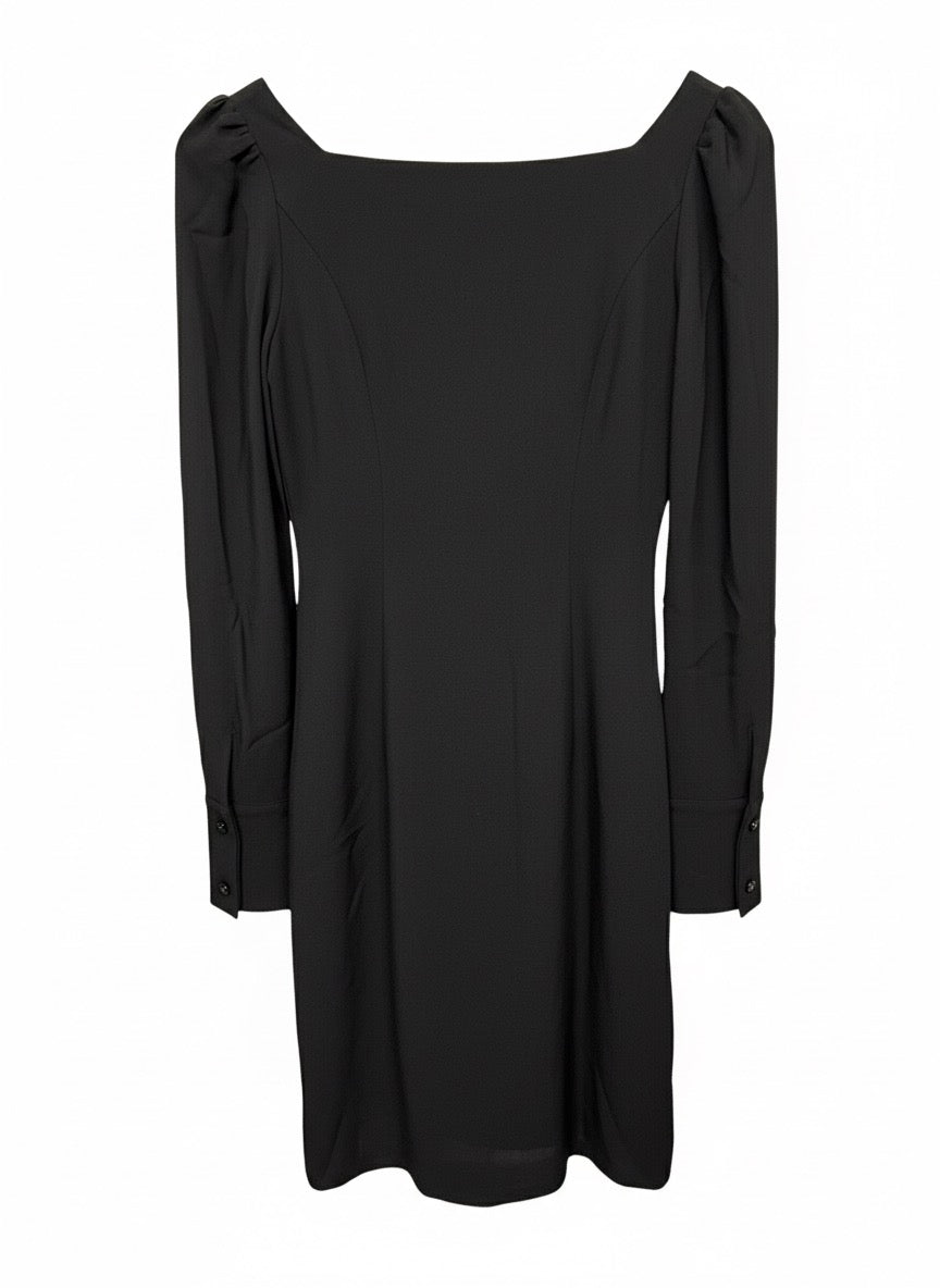 Vestido Negro Manga Larga Escote Cuadrado Elegante