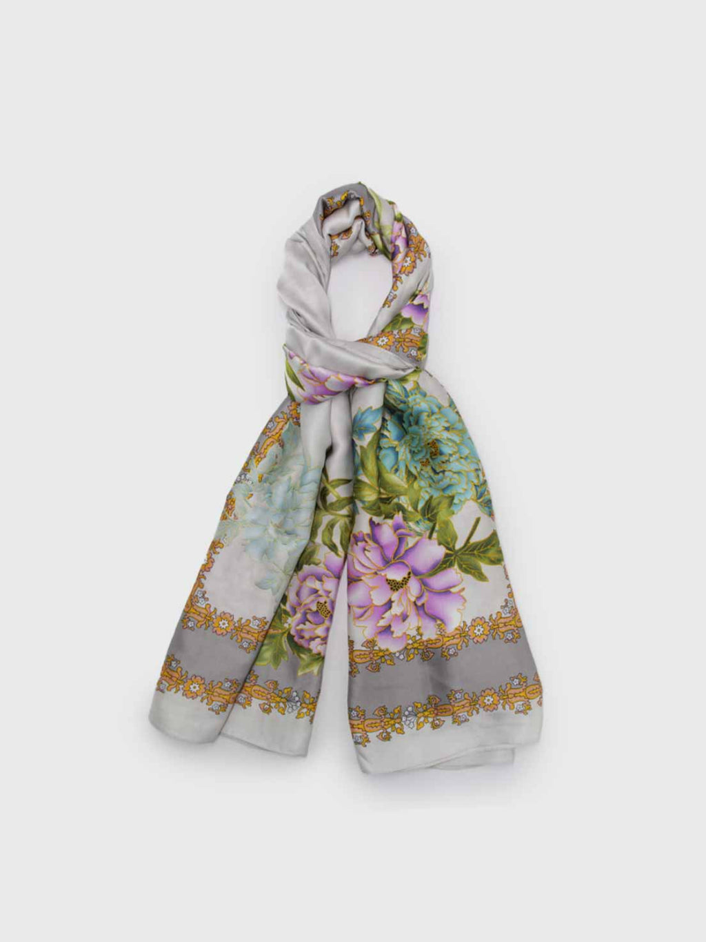 Pañuelo de Seda – Peonías y Borde Dorado