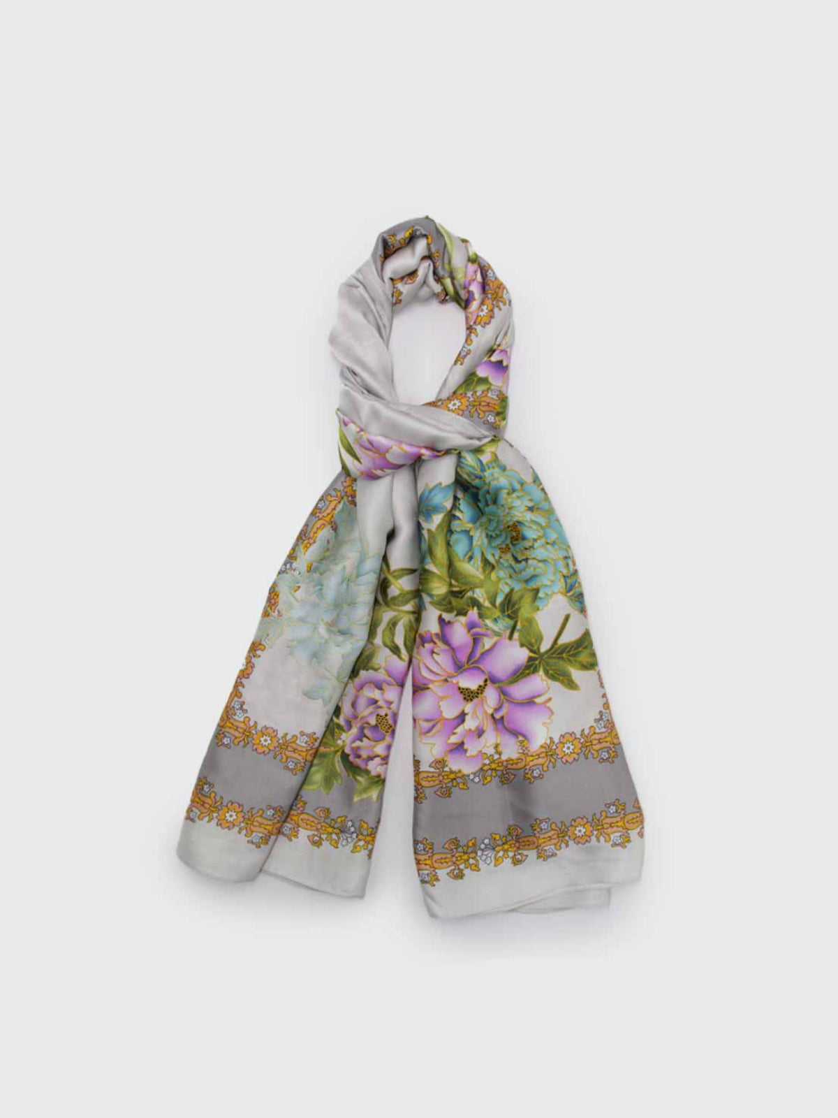 Pañuelo de Seda – Peonías y Borde Dorado