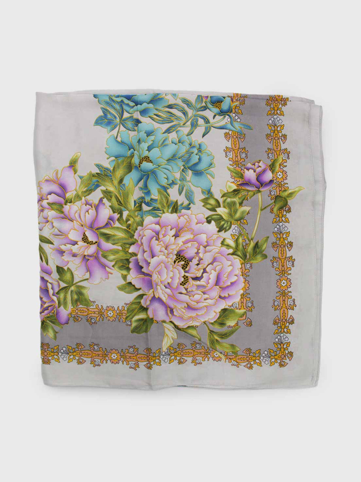 Pañuelo de Seda – Peonías y Borde Dorado
